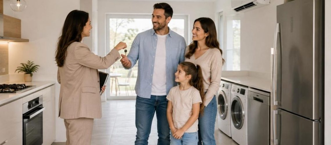 משפחה מקבלת מפתחות לבית חדש בחדרה לצד מכשירי חשמל ביתיים
