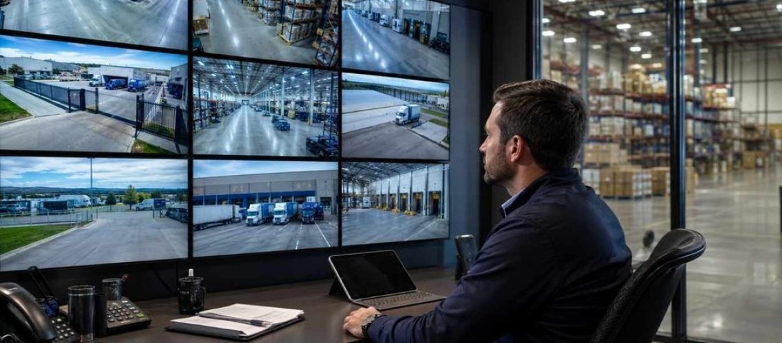מנהל מרכז לוגיסטי צופה במצלמות אבטחה חכמות בחדר בקרה